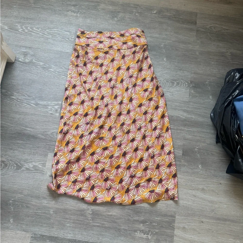 Free People Midi Skirt in Mustard, Pink and Black Fan Pattern
